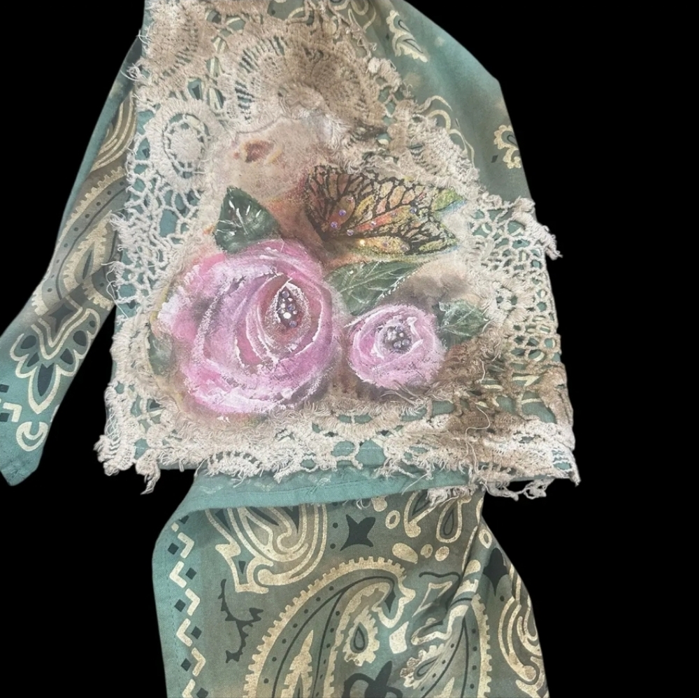 NEW OOAK A Rare Bird Sage Hand-Painted Lace Bandana Scarf Lace Trim